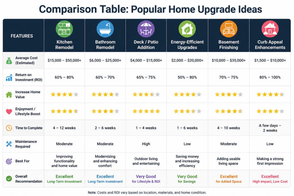 Comparison Table: Popular Home Upgrade Ideas